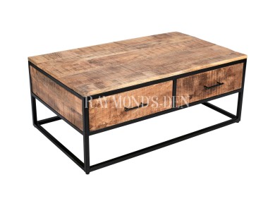 Industrial style solid wood and metal coffee table with drawers